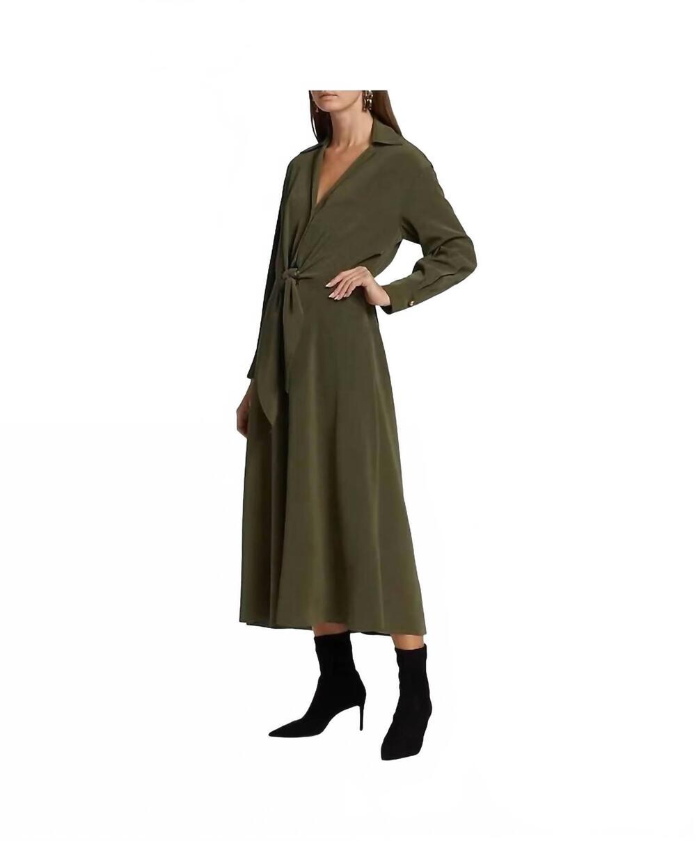 NEW VINCE tie waist collared midi dress in olive
